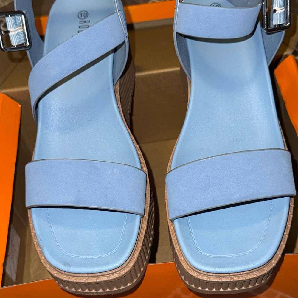 Rouge! Light Blue Sandals with Tan Sole